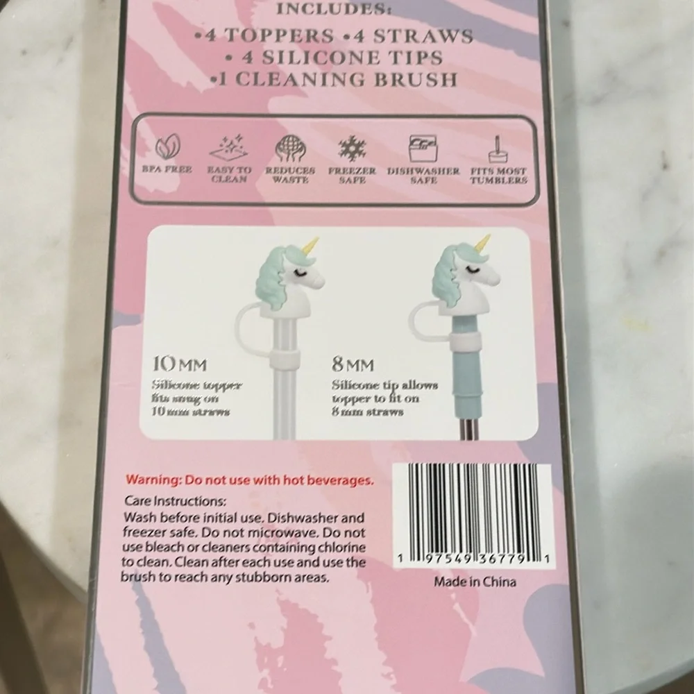 Unicorn Reusable Straws with Toppers - multi colors 13 pcs